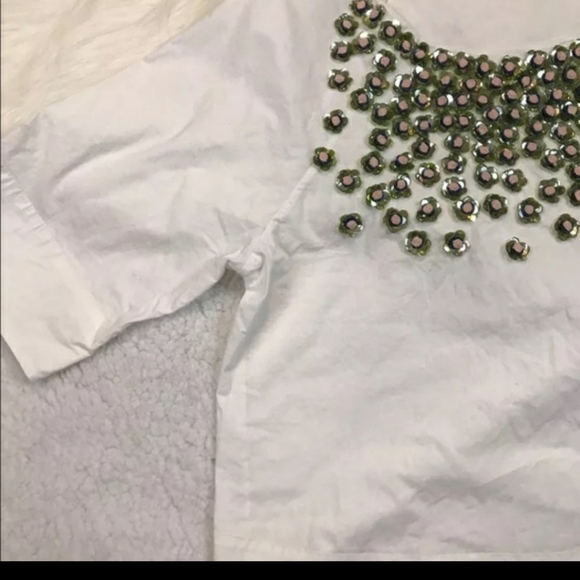 SOLD - New Anthropologie, Not So Serious, poplin beaded top, LARGE - Picture 4 of 9